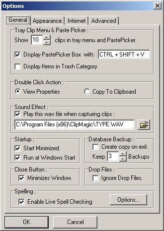 General options in ClipMagic